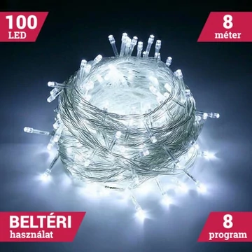 Fényfüzér 100 LED Hideg fehér 8M Beltéri 8 program
