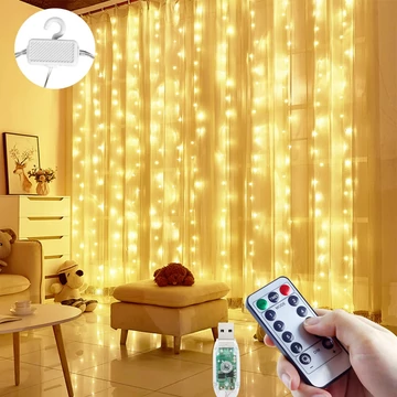 LED Fényfüggöny 8 fénymód távirányítóval USB Meleg Fehér több méretben