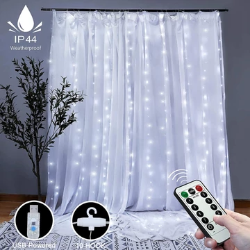 LED Fényfüggöny 8 fénymód távirányítóval USB Hideg Fehér 3x3m