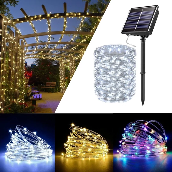 100 LED-es napelemes kerti fényfüzér több színben 10m